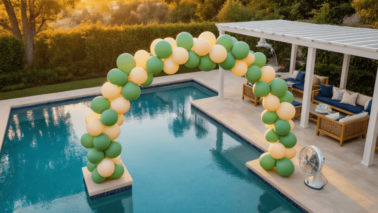 Can You Put Balloons in a Pool? Everything You Need to Know About Pool Balloon Safety Cinematic overhead shot of an elegant poolside balloon installation at golden hour, featuring a sage green and cream balloon arch, weighted stands, teak furniture with navy cushions, and a white pergola, all set safely away from a crystal blue infinity pool, with warm ambient lighting and lush landscaping.