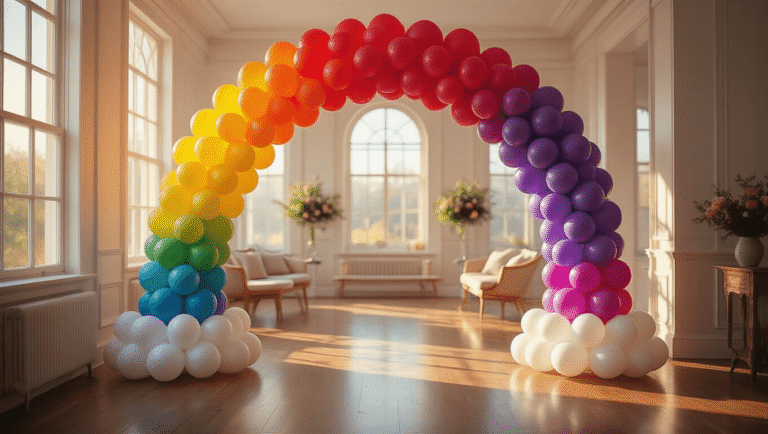 Rainbow Balloons: Everything You Need to Transform Your Space with Color Cinematic wide shot of an elegantly transformed room with a vibrant rainbow balloon arch and golden hour lighting, featuring a polished interior, white cloud-like balloon clusters, and a warm, inviting atmosphere.