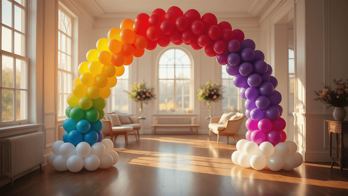 Cinematic wide shot of an elegantly transformed room with a vibrant rainbow balloon arch and golden hour lighting, featuring a polished interior, white cloud-like balloon clusters, and a warm, inviting atmosphere.