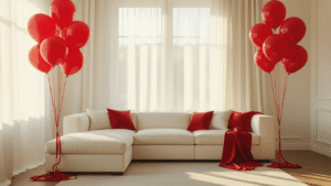 Red Balloons Aesthetic: How I Learned to Transform Ordinary Spaces with Bold Simplicity Elegant living room with clusters of glossy red latex balloons at varying heights, illuminated by soft golden hour sunlight through sheer white curtains, featuring a plush ivory sectional sofa and warm hardwood floors, with red satin ribbons and a cozy minimalist atmosphere.