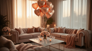 Heart Balloons: Why They're the Perfect Decoration for Any Celebration (And How to Use Them Like a Pro) Cinematic overhead view of an elegantly decorated living room for a romantic celebration, featuring clusters of rose gold and blush pink heart balloons, warm golden hour lighting, velvet furniture, a marble coffee table with crystal glasses and fresh peonies, and inviting textures, creating an intimate atmosphere.