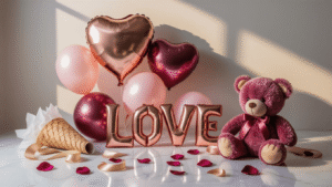 Valentine's Day Balloon Decorations That'll Make Your Space Pop (Without Popping Your Budget) Cinematic close-up of a romantic DIY Valentine's balloon bouquet on a white marble surface, featuring rose gold heart-shaped mylar balloons, blush pink latex balloons, burgundy foil "LOVE" letters, a velvet teddy bear, tissue paper-wrapped cone, scattered rose petals, and warm golden hour lighting, all showcasing a soft color palette and inviting crafting setup.