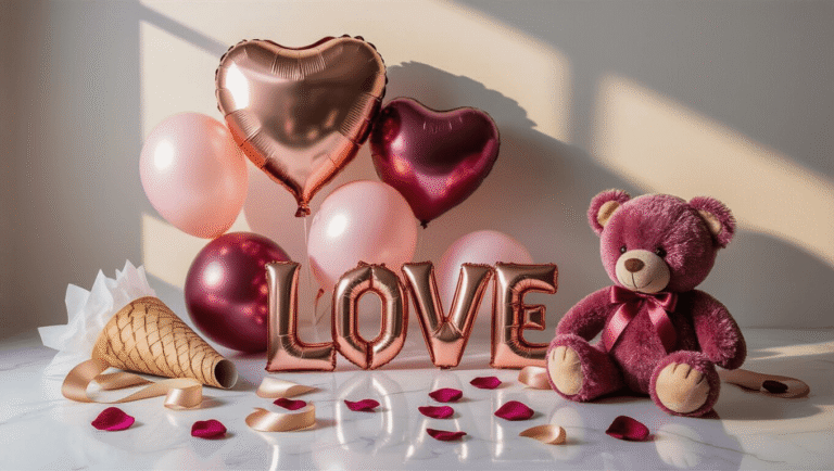 Valentine's Day Balloon Decorations That'll Make Your Space Pop (Without Popping Your Budget) Cinematic close-up of a romantic DIY Valentine's balloon bouquet on a white marble surface, featuring rose gold heart-shaped mylar balloons, blush pink latex balloons, burgundy foil "LOVE" letters, a velvet teddy bear, tissue paper-wrapped cone, scattered rose petals, and warm golden hour lighting, all showcasing a soft color palette and inviting crafting setup.