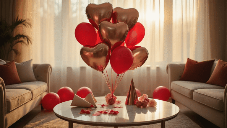 Valentine's Day Balloons: Your Complete Guide to Creating Heart-Stopping Romantic Decor A romantic living room adorned with rose gold heart-shaped and red latex balloons, warmly lit by golden hour light, featuring a marble coffee table with DIY balloon crafting supplies, silk cushions, and hardwood floors, creating an intimate and creative atmosphere.