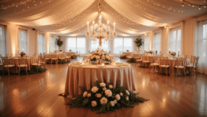 How to Create Romantic Wedding Decor That Actually Makes Your Guests Feel Something Cinematic romantic wedding reception with blush and ivory velvet tablecloths, crystal candelabras, garden rose centerpieces, and fairy lights, captured in warm golden hour lighting, creating an intimate and inviting atmosphere.