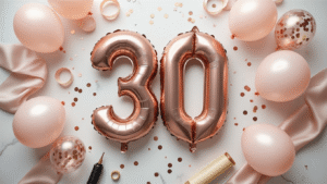 Number 30 Balloons That'll Make Your 30th Birthday Party Instagram-Worthy Overhead view of large rose gold foil number 30 balloons on a white marble surface, surrounded by blush pink latex balloons, champagne confetti-filled balloons, gold ribbon curls, and scattered confetti, with a silk table runner and styling props enhancing the celebratory atmosphere.