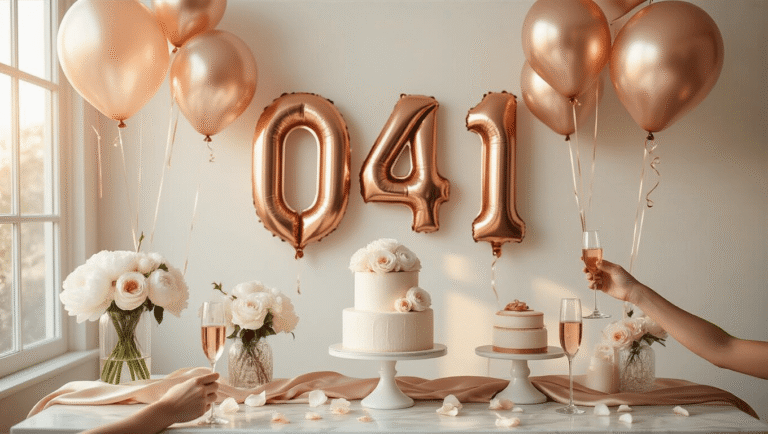 Number Balloon Photoshoot Ideas That'll Make Your Next Celebration Instagram-Worthy Cinematic indoor birthday photoshoot featuring oversized rose gold number balloons, elegant blush-toned table linens, crystal vases with white peonies, a tiered ivory-fondant cake, and scattered rose petals, all illuminated by warm golden hour light against a soft white wall, creating an intimate celebratory atmosphere.