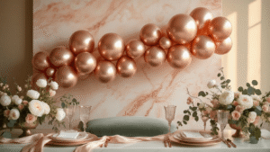 Rose Gold Balloons: Everything You Need to Know for Your Next Celebration An elegant celebration setup featuring shimmering rose gold chrome balloons in a garland against a soft blush marble backdrop, adorned with white peonies, eucalyptus, and crystal glassware, all illuminated by warm golden hour lighting and complemented by sage green velvet cushions and flowing champagne-toned silk ribbons.