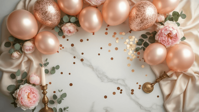 Where to Find Stunning Birthday Balloon Pictures That'll Make Your Party Pop Cinematic overhead view of an elegant birthday balloon arrangement on a white marble countertop, featuring rose gold and metallic gold balloons, blush pink peonies, eucalyptus sprigs, and scattered gold confetti, enhanced by warm golden hour lighting and styled with vintage brass candlesticks and cream silk fabric, creating a luxurious and celebratory atmosphere.