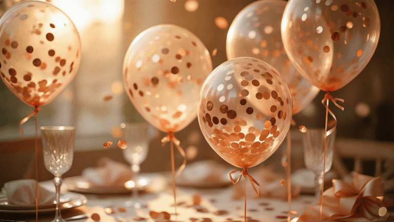 Confetti Balloons Are My Secret Weapon for Parties That People Actually Remember Close-up of transparent confetti balloons filled with rose gold metallic pieces, shimmering in warm golden hour light, with a soft-focus elegant party setup in the background.