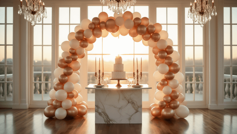 Anniversary Balloon Decorations That'll Make Your Celebration Pop (Without Popping Your Budget) Elegant anniversary celebration with a rose gold and cream balloon arch, marble dessert table, and warm golden hour sunlight, featuring polished hardwood floors, crystal chandeliers, and sophisticated décor.