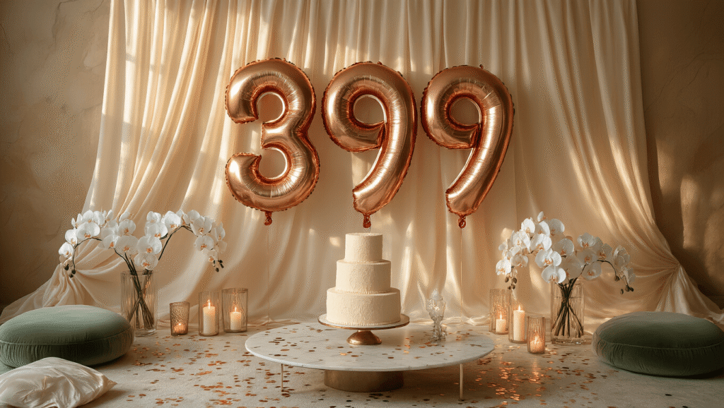 Number Balloons: Everything You Need to Know About These Party Essentials Cinematic overhead shot of a luxurious party setup with large rose gold foil number balloons, a cream silk backdrop, a marble coffee table featuring a vanilla cake, velvet cushions, white orchid centerpieces in crystal vases, scattered confetti, and flickering pillar candles, all illuminated by warm golden hour lighting.