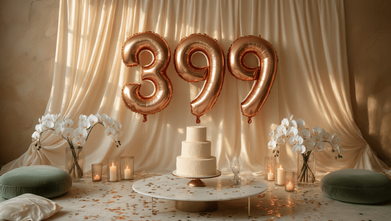 Number Balloons: Everything You Need to Know About These Party Essentials Cinematic overhead shot of a luxurious party setup with large rose gold foil number balloons, a cream silk backdrop, a marble coffee table featuring a vanilla cake, velvet cushions, white orchid centerpieces in crystal vases, scattered confetti, and flickering pillar candles, all illuminated by warm golden hour lighting.