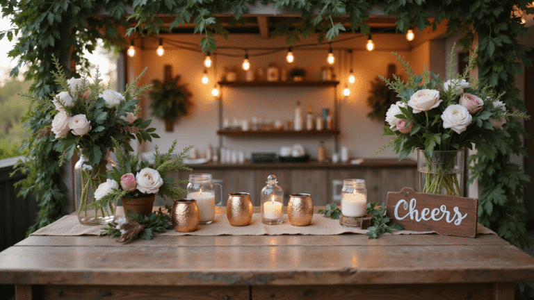 Wedding Bar Decor Ideas That'll Make Your Guests Actually Want to Hang Around Cinematic wide-angle shot of a rustic wedding bar with reclaimed wood, wildflowers, greenery, copper mugs, and string lights, bathed in warm golden hour sunlight.