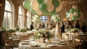 Why Engagement Party Balloons Still Make or Break Your Celebration (And How to Get Them Right) Cinematic view of an elegant engagement party in a ballroom, featuring sage green latex balloons, a diamond ring foil balloon centerpiece, and ivory silk-draped tables adorned with eucalyptus garlands and crystal glassware, set in warm natural lighting with guests mingling in the background.