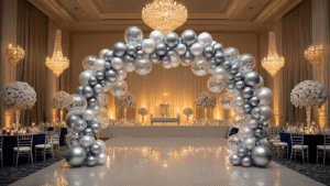 Silver Balloon Decorations: Everything I've Learned About Creating Stunning Metallic Magic Elegant ballroom decorated with a 15-foot silver balloon garland arch, chrome metallic confetti, and various-sized balloons, accompanied by low silver balloon topiaries on ivory silk tables. The polished marble floors reflect warm candlelight from crystal chandeliers, emphasizing luxurious navy velvet runners and creating a sophisticated ambiance at golden hour.