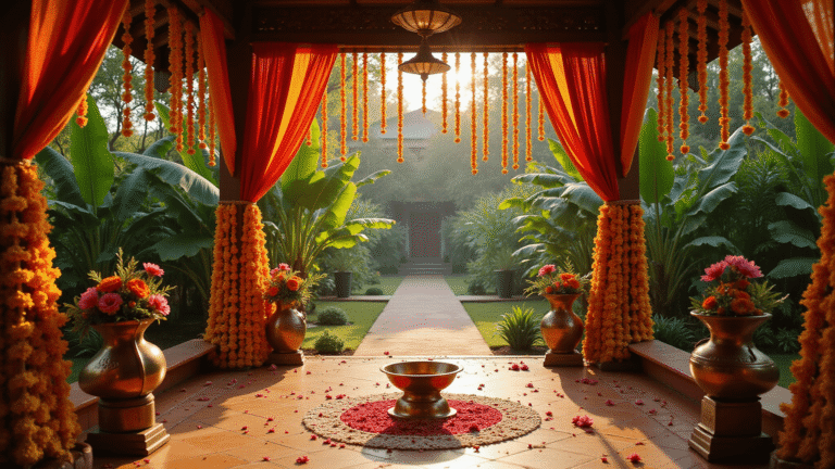 South Indian Wedding Decor: Creating Authentic Celebrations That Honor Tradition Without Breaking the Bank Cinematic overhead shot of a vibrant South Indian wedding mandapam in a tropical garden, featuring silk drapes, marigold garlands, brass lamps, and intricate kolam patterns, all illuminated by warm golden hour light.