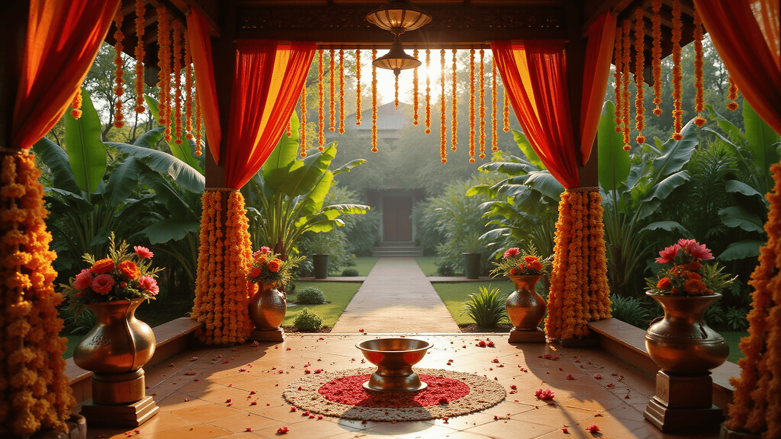 Cinematic overhead shot of a vibrant South Indian wedding mandapam in a tropical garden, featuring silk drapes, marigold garlands, brass lamps, and intricate kolam patterns, all illuminated by warm golden hour light.