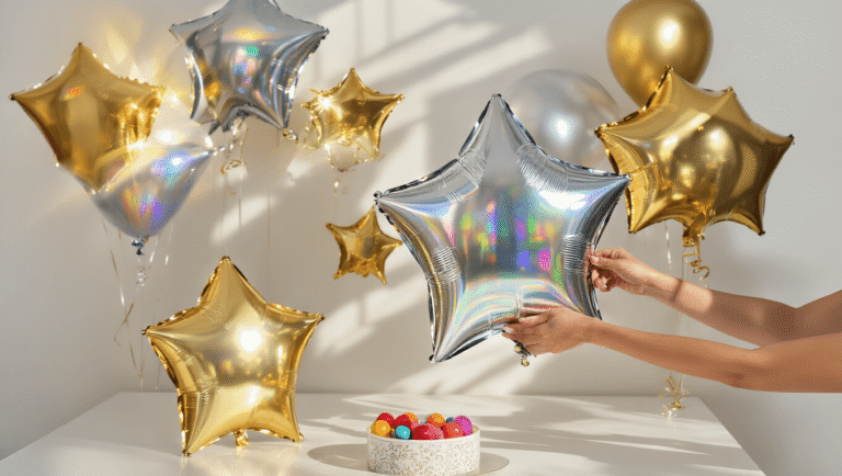 How to Make Star Balloons That'll Actually Wow Your Party Guests Cinematic wide-angle shot of elegant star-shaped foil balloons in metallic gold and silver, arranged at varying heights against a clean white backdrop, with dramatic side lighting and close-up details of hands positioning a large holographic star balloon.