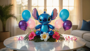 Stitch Balloons: Everything You Need to Create Magic (Plus a Surprising Needlework Twist) Elegant marble coffee table adorned with a large blue foil Stitch balloon centerpiece, surrounded by balloons in ocean blues, purples, pinks, and whites, accented with curling silk ribbons and tropical flowers, all illuminated by soft golden hour sunlight in a cozy living room.