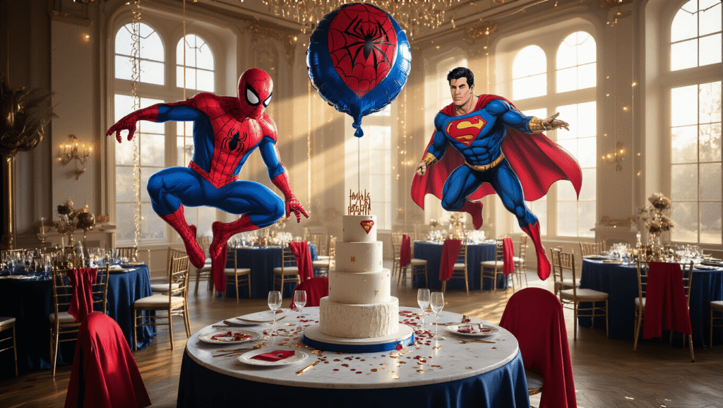Cartoon Balloons: Everything You Need to Know for Your Next Party or Creative Project Cinematic wide shot of an elegant superhero-themed birthday party in a ballroom, featuring oversized Spider-Man and Superman foil balloons, a three-tiered birthday cake, personalized capes, fairy lights, and rich textures, creating a warm and inviting atmosphere.