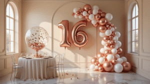 Sweet 16 Balloon Decorations That'll Make Your Teen Actually Thank You A photorealistic wide-angle shot of a Sweet 16 party venue with an elegant rose gold and blush pink balloon garland, giant "16" metallic balloons, and a bubble balloon centerpiece on a round table.