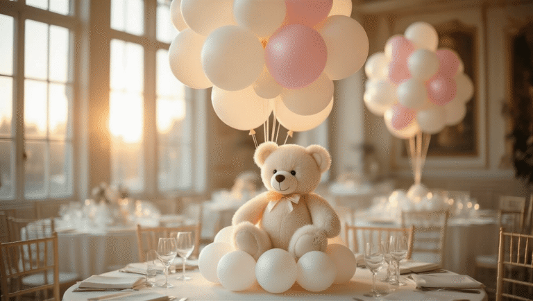 Teddy Bear and Balloon Combinations That'll Make Everyone Go "Aww" Cinematic medium shot of an elegant ballroom with golden hour lighting, showcasing a DIY floating teddy bear balloon centerpiece. Plush white teddy bear tethered to a pole surrounded by white latex balloons, with pastel pink and cream balloons above. Soft light illuminates silk table linens and delicate glassware, creating a warm and inviting atmosphere.