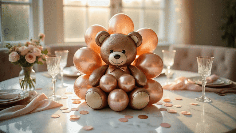 Bear with Balloons: Everything I've Learned About Creating These Adorable Decorations Cinematic overhead view of an elegant teddy bear balloon centerpiece on a white marble table, surrounded by rose gold and cream metallic balloons, with soft natural lighting, pastel confetti, and a warm golden hour glow, creating an intimate party atmosphere.