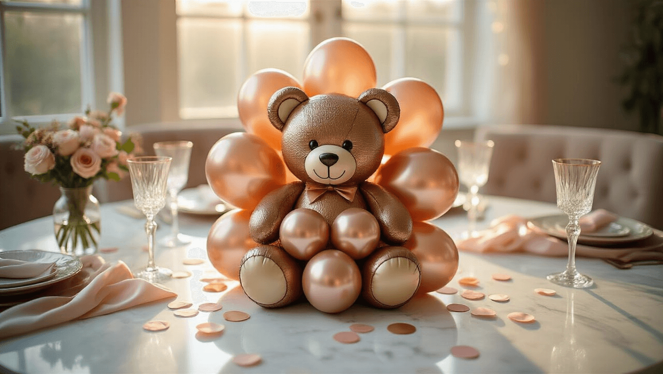 Cinematic overhead view of an elegant teddy bear balloon centerpiece on a white marble table, surrounded by rose gold and cream metallic balloons, with soft natural lighting, pastel confetti, and a warm golden hour glow, creating an intimate party atmosphere.
