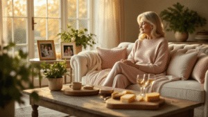 The Gift That Won't End Up in Her Donation Pile: Real Talk About Thoughtful Presents for Your Mother-in-Law A cozy luxurious living room with warm golden light, featuring an elegant woman in a blush cashmere lounge set on an ivory velvet sofa, surrounded by thoughtful gifts like a plush throw, digital picture frames, potted plants, a massage pillow, and a cheese board with wine glasses, all set against a warm cream and dusty rose color palette.