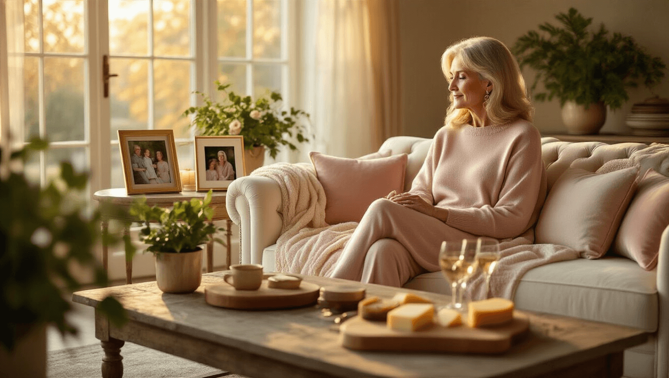 A cozy luxurious living room with warm golden light, featuring an elegant woman in a blush cashmere lounge set on an ivory velvet sofa, surrounded by thoughtful gifts like a plush throw, digital picture frames, potted plants, a massage pillow, and a cheese board with wine glasses, all set against a warm cream and dusty rose color palette.