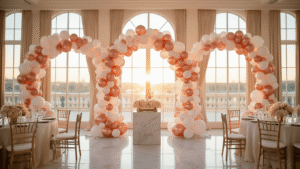 Three Arch Balloon Backdrop: Your Complete Guide to Creating Instagram-Worthy Party Magic Elegant ballroom setup featuring three balloon arches in rose gold, blush pink, and white, with warm lighting and luxurious decor, including silk linens and floral centerpieces.