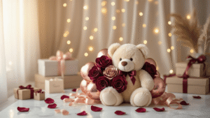 Valentine's Day Balloon Bouquets That'll Make Your Heart Skip a Beat (And Won't Die in Three Days) Cinematic close-up of a luxurious Valentine's balloon bouquet with burgundy and rose gold heart balloons, a plush cream teddy bear, silk ribbons, and scattered rose petals, all illuminated by warm golden hour light, creating an intimate romantic atmosphere with twinkling fairy lights and a soft bokeh background.