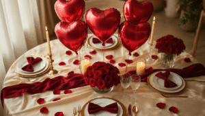 Red Heart Balloons: Everything You Need to Know About These Party Essentials Cinematic overhead shot of an elegant Valentine's dinner table with glossy red heart balloons, cream silk tablecloth, scattered rose petals, flickering candlelight, and warm ambient lighting, creating a romantic and luxurious atmosphere.