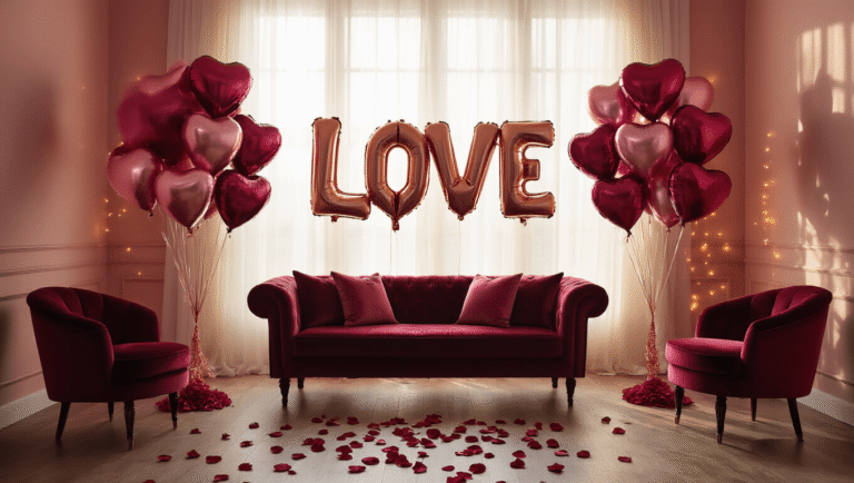 Valentine's Day Balloons: Everything You Need to Know Before You Buy Cinematic shot of a Valentine's Day room with rose gold "LOVE" letter balloons, heart-shaped mylar balloons, soft golden hour lighting, silk rose petals, plush velvet furniture, and warm fairy lights, creating an intimate and romantic atmosphere.