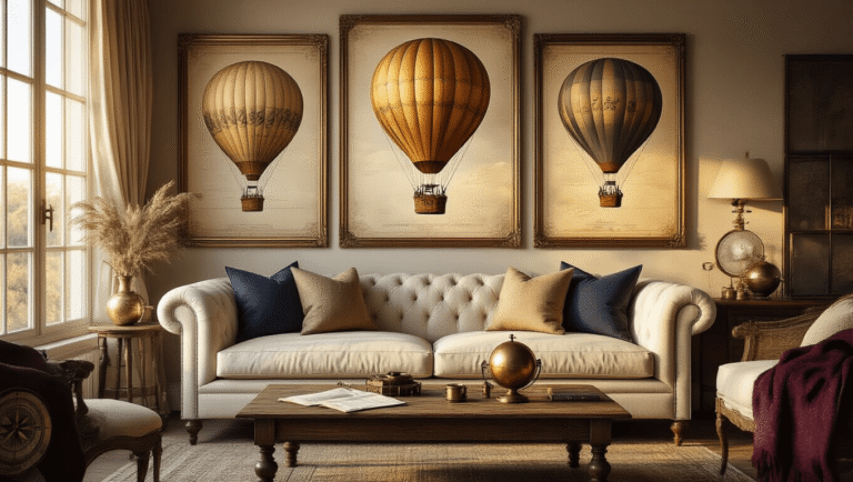 Hot Air Balloon Home Decor: Transform Your Space Into a Whimsical Wonderland Elegant living room decorated with vintage hot air balloon accents, warm golden hour lighting, jewel-toned balloon prints in brass frames above a cream sofa, and soft textures creating a cozy, adventurous atmosphere.