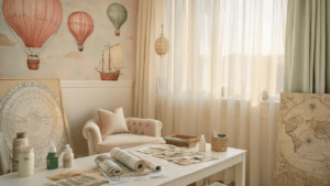 Balloon Wallpaper: Everything You Need to Transform Your Space Without Regrets Cinematic wide shot of an elegant nursery featuring vintage hot air balloon wallpaper in soft blush tones, warm golden hour lighting, and a textured cream velvet chair, surrounded by design samples and eco-friendly installation tools, creating a cozy reading nook atmosphere.