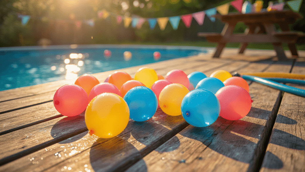Water Balloons: Everything You Need to Know About the Ultimate Summer Fun Weapon Cinematic close-up of colorful self-sealing water balloons in vibrant blues, coral pinks, and sunny yellows scattered on a weathered wooden pool deck, with glistening water droplets and a garden hose in the background, set against a warm summer atmosphere with soft picnic table and twinkling pool lights.
