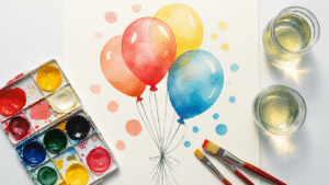 How to Paint Watercolor Balloons That Actually Look Like They're Floating Off the Page Cinematic overhead view of a watercolor painting in progress, featuring colorful balloons in coral, sky blue, and sunshine yellow on white paper, with a paint palette, brushes, glass jars reflecting morning light, and vibrant paint drops, capturing an inspiring artistic moment.