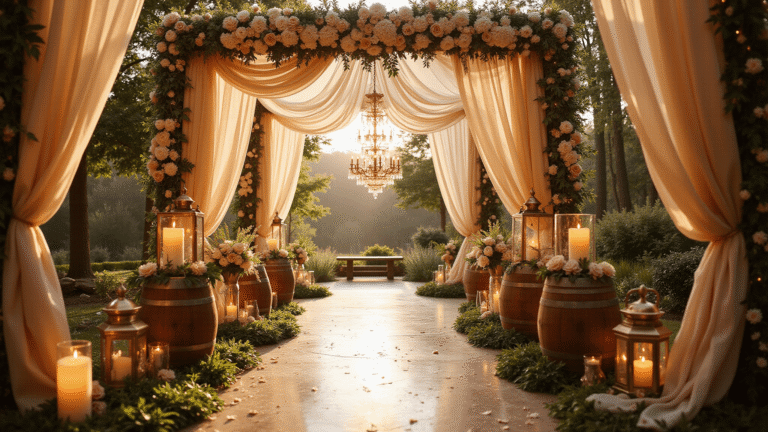 Popular Wedding Entrance Décor Ideas That'll Make Your Guests Gasp Cinematic wedding entrance illuminated by twinkling fairy lights, featuring a floral archway, vintage lanterns, and a stunning chandelier, creating a romantic and magical ambiance in golden hour light.