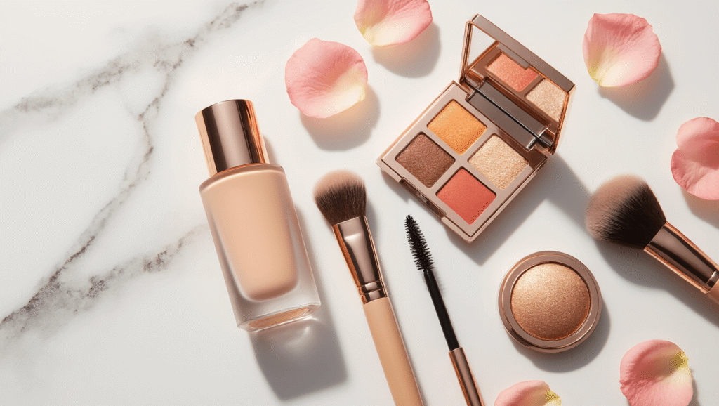 Wedding Guest Makeup That Actually Lasts Through All the Dancing A flatlay of wedding guest makeup essentials on a clean white marble background, featuring a dewy foundation, a rose gold eyeshadow palette, a mascara wand, a fluffy blending brush, a champagne highlighter, and scattered blush pink rose petals, all illuminated by soft natural light.