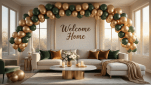 Welcome Home Balloon Decorations That Actually Look Amazing (Not Tacky) Cinematic wide shot of a modern living room decorated for a welcome home celebration, featuring metallic gold, cream, and sage green balloons, a "Welcome Home" banner, and a marble coffee table with white flowers and candles, illuminated by warm golden hour sunlight.