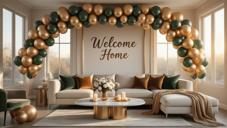 Welcome Home Balloon Decorations That Actually Look Amazing (Not Tacky) Cinematic wide shot of a modern living room decorated for a welcome home celebration, featuring metallic gold, cream, and sage green balloons, a "Welcome Home" banner, and a marble coffee table with white flowers and candles, illuminated by warm golden hour sunlight.