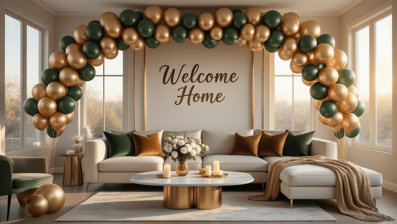 Cinematic wide shot of a modern living room decorated for a welcome home celebration, featuring metallic gold, cream, and sage green balloons, a "Welcome Home" banner, and a marble coffee table with white flowers and candles, illuminated by warm golden hour sunlight.