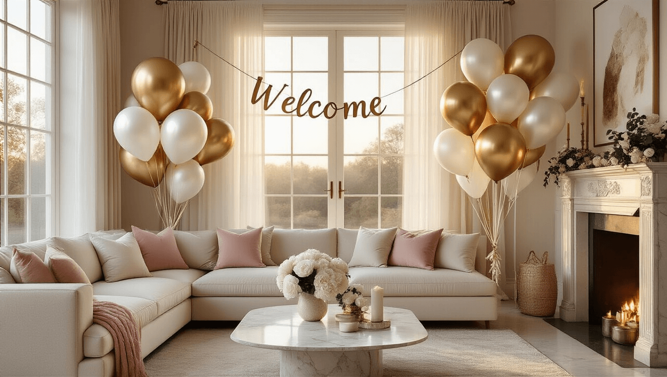 Elegant living room during golden hour with gold and ivory foil balloons, cream sectional sofa, marble coffee table, and candlelit fireplace under warm lighting.