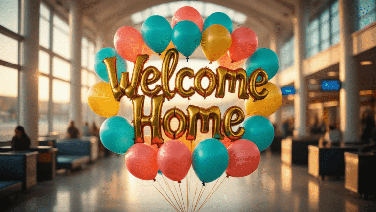 Welcome Home Balloons: Everything You Need to Know About Creating the Perfect Homecoming Display Cinematic wide shot of a vibrant "Welcome Home" balloon display in an airport terminal, featuring a large gold foil balloon surrounded by coral, turquoise, and sunny yellow latex balloons, with soft natural light enhancing textures and reflections. A bustling baggage claim area in soft focus adds to the warm atmosphere of joyful reunion.