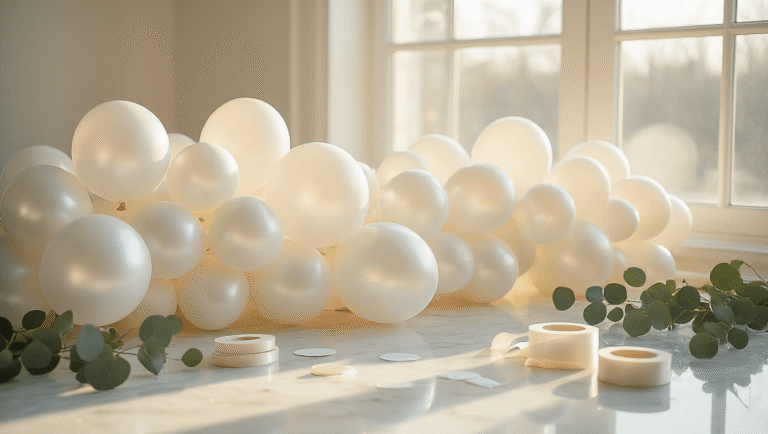 White Balloons: Everything I've Learned About Choosing and Using Them for Stunning Celebrations Cinematic wide shot of an elegant white balloon garland preparation scene with varying sizes of pearlescent balloons on a marble surface, featuring soft golden hour lighting, scattered crafting materials, and eucalyptus sprigs, creating a warm and inviting atmosphere.