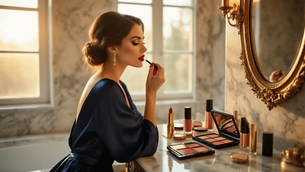 Wedding Guest Makeup Ideas That'll Keep You Looking Fresh All Night Long A woman in a navy silk dress applies red lipstick in a luxurious marble bathroom, bathed in warm golden hour sunlight, surrounded by elegant makeup products.