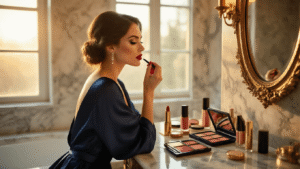 Wedding Guest Makeup Ideas That'll Keep You Looking Fresh All Night Long A woman in a navy silk dress applies red lipstick in a luxurious marble bathroom, bathed in warm golden hour sunlight, surrounded by elegant makeup products.