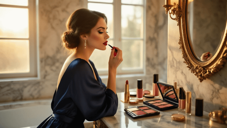 Wedding Guest Makeup Ideas That'll Keep You Looking Fresh All Night Long A woman in a navy silk dress applies red lipstick in a luxurious marble bathroom, bathed in warm golden hour sunlight, surrounded by elegant makeup products.